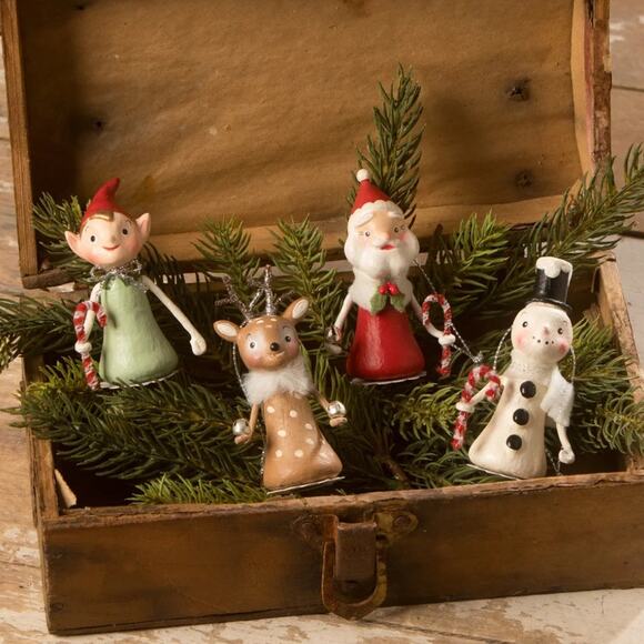 Set of 4 Bethany Lowe Little Santa Reindeer Elf Snowman Christmas Ornaments New - Picture 1 of 5